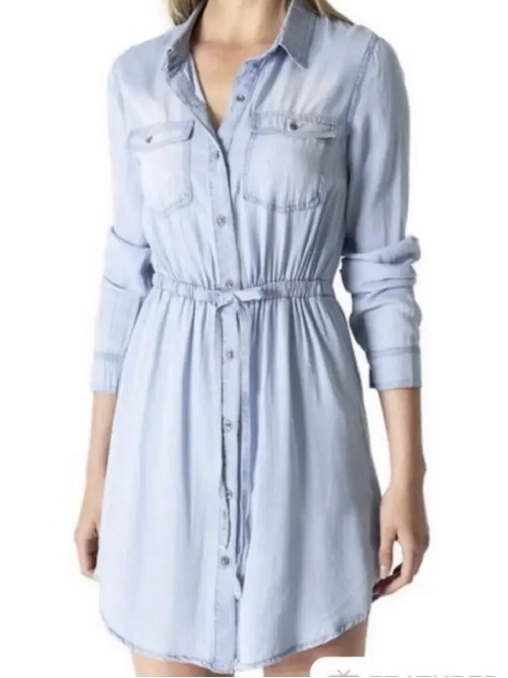 Love Tree Light Blue Button-Front Shirt Dress with Waist Tie